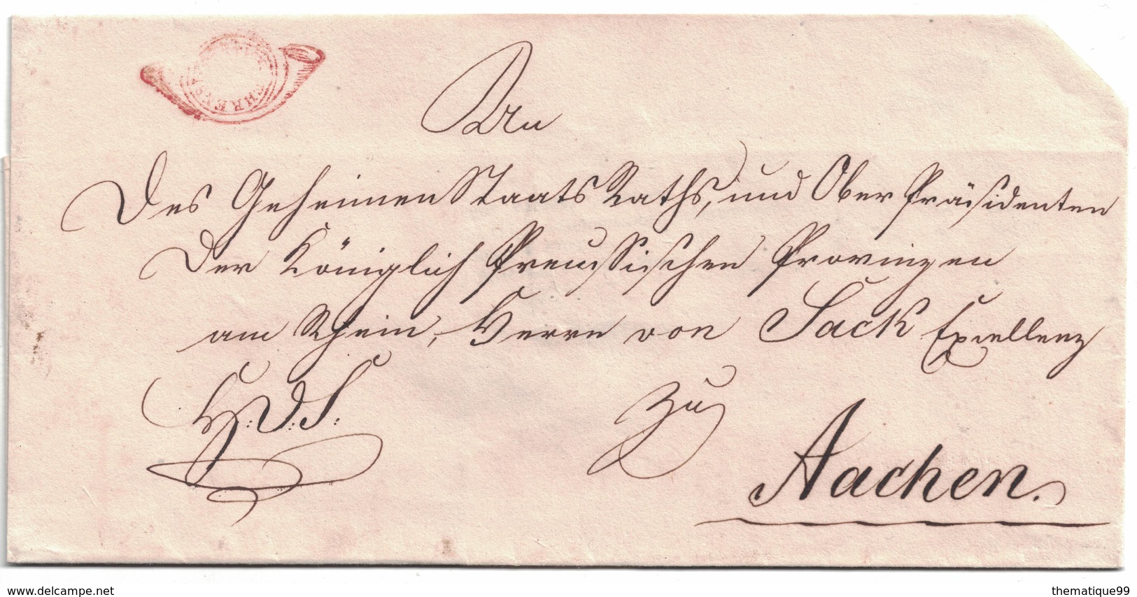 Marque Postale D'Ehrenbreitstein (1815) Pour Aachen : Cor Postal (RRR En Rouge) - Musique