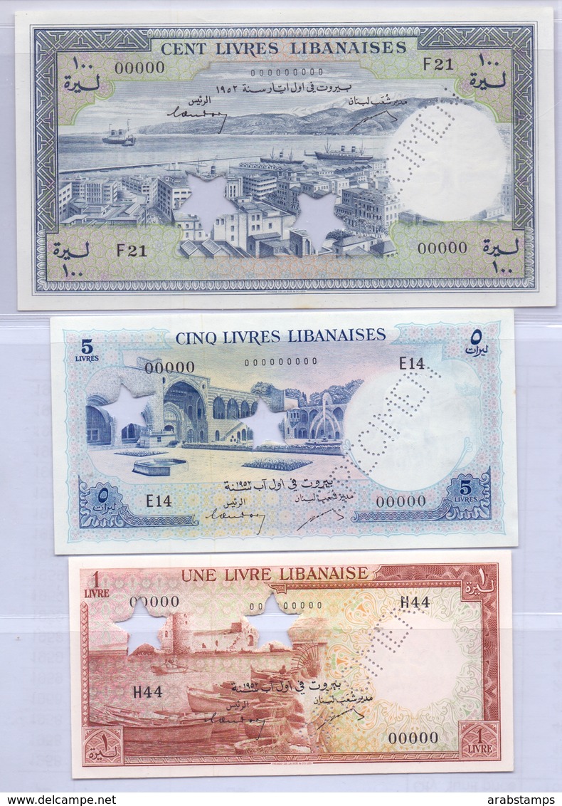 1952 Lebanon Liban  1LL +5 LL +100 LL Set Of 3 Livres Specimen Choice Unc.  (Shipping By EMC  20$) - Libanon