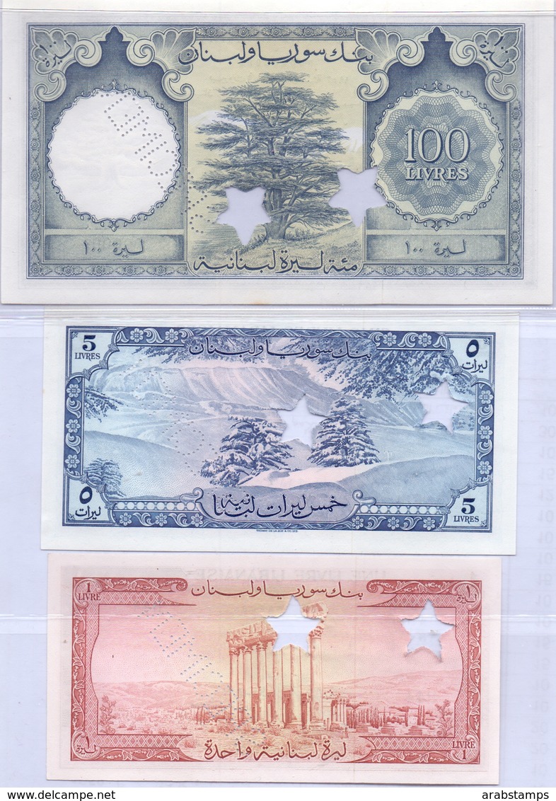 1952 Lebanon Liban  1LL +5 LL +100 LL Set Of 3 Livres Specimen Choice Unc.  (Shipping By EMC  20$) - Libano