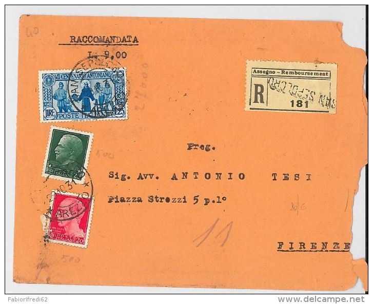 RACCOMANDATA 1931 CON L 1,25 CENT. S.ANTONIO-TIMBRO AMB. ROMA FIRENZE (HX64 - Marcophilia