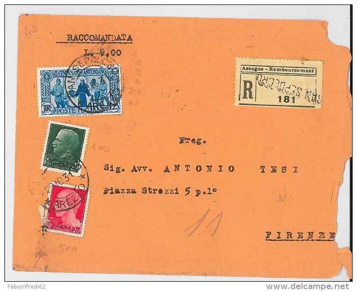 RACCOMANDATA 1931 CON L 1,25 CENT. S.ANTONIO-TIMBRO AMB. ROMA FIRENZE (HX64 - Storia Postale