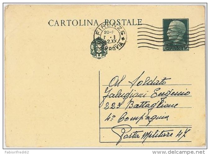 INTERO POSTALE 1942 CENT.15 TIMBRO FIRENZE (HX175 - Interi Postali