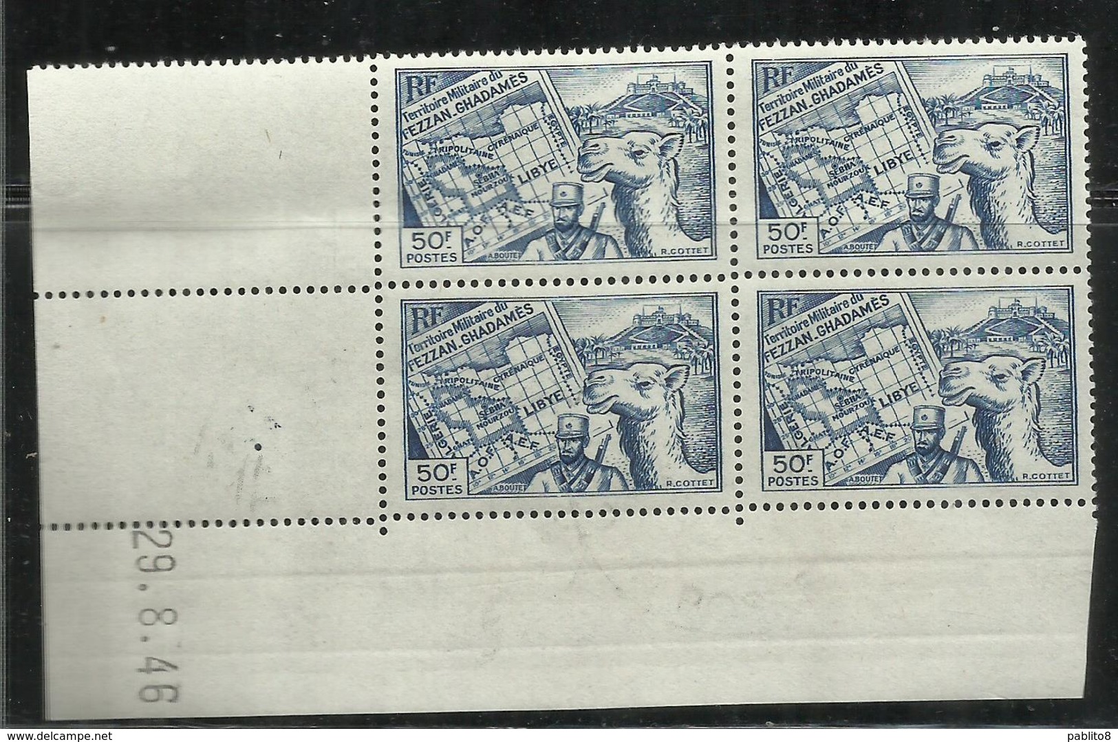 FEZZAN E GHADAMES 1946 TERRITORIO MILITARE CARTA E MEHARISTA F 50F QUARTINA BLOCK MNH - Nuevos