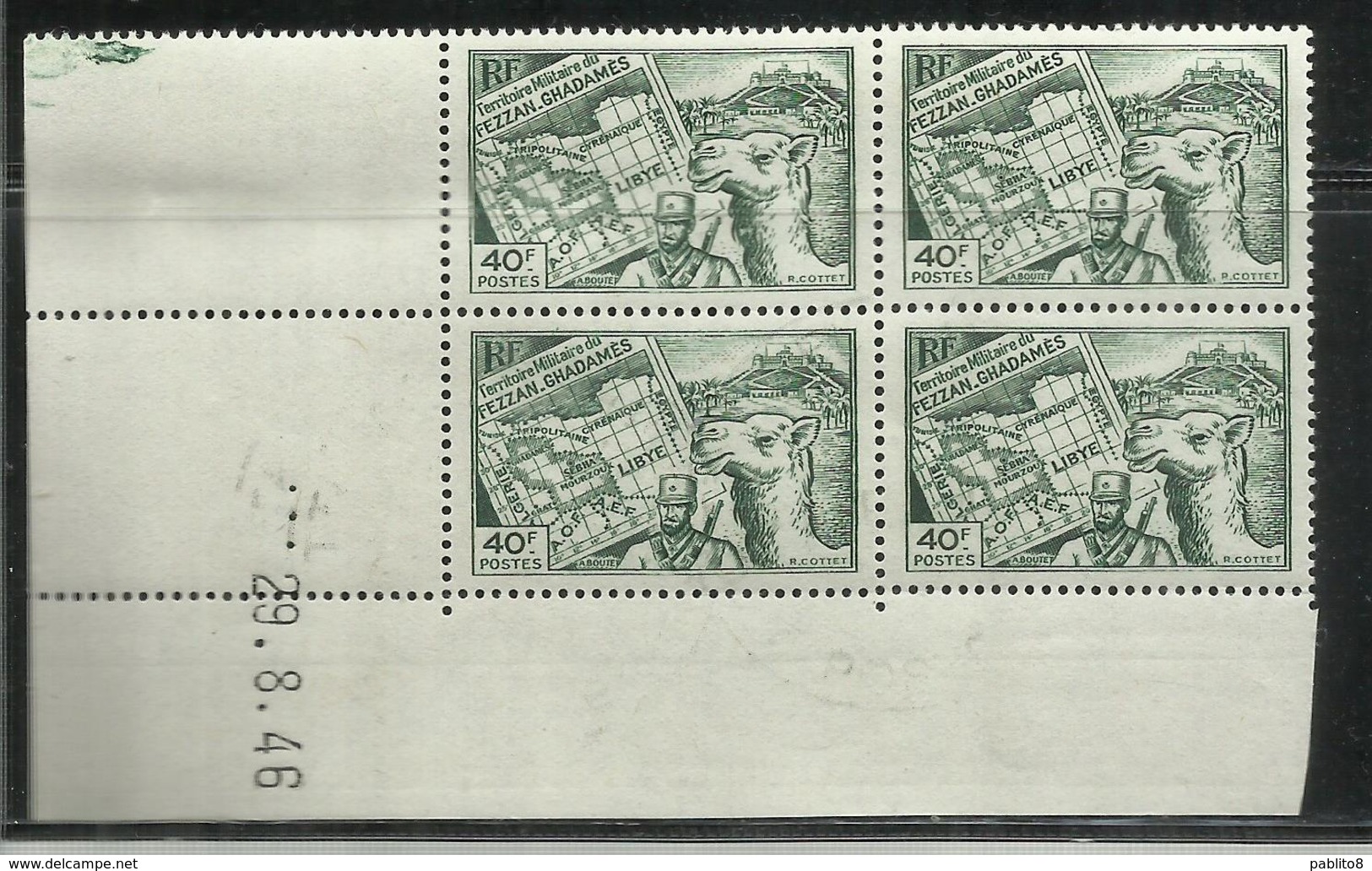 FEZZAN E GHADAMES 1946 TERRITORIO MILITARE CARTA E MEHARISTA F 40F QUARTINA BLOCK MNH - Nuevos