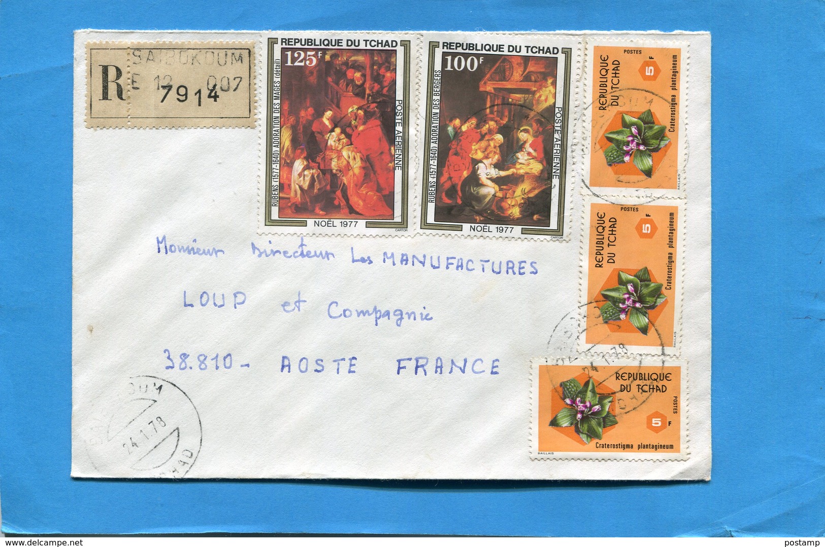 MARCOPHILIE- LettreREC-Tchad>Françe Cad-Saibokoum-1978-5stamps N°A219-Rubens+3-flowers - Tsjaad (1960-...)