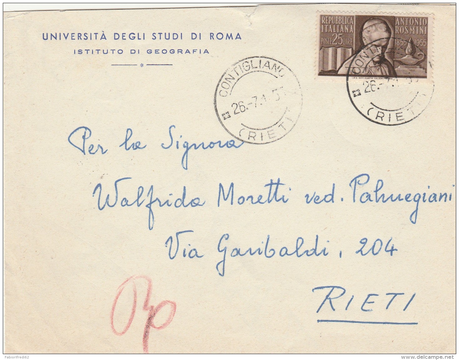 LETTERA 1955 CON ROSMINI 25 L. -TIMBRO CONTIGLIANO RIETI (HX515 - 1946-60: Marcophilia