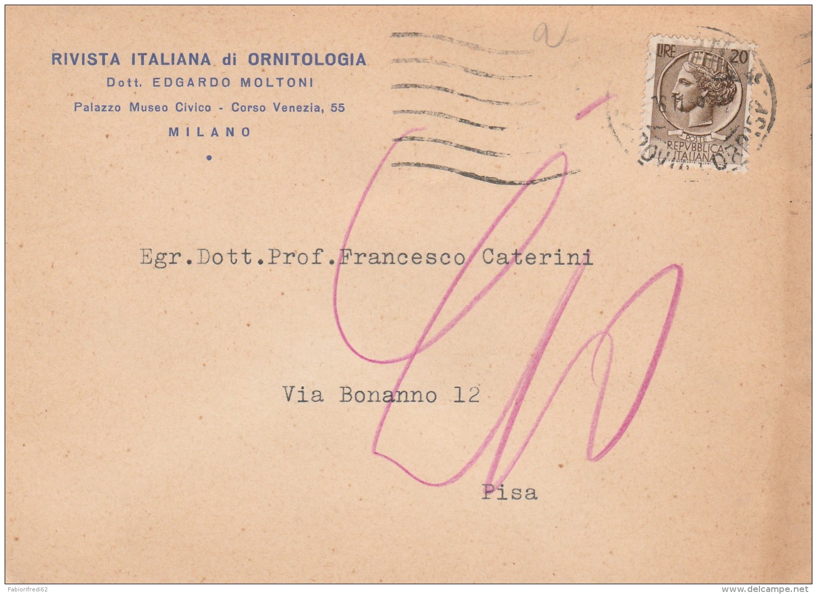 CARTOLINA ANNI 60 RIVISTA ITALIANA ORNITOLOGIA 20 L. (HX601 - 1946-60: Storia Postale