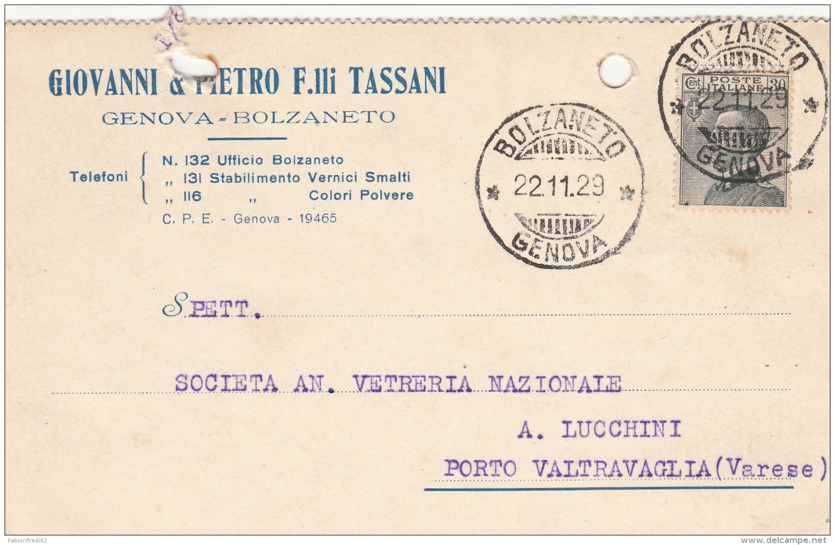 CARTOLINA POSTALE 1929 CON CENT.30 TIMBRO BOLZANETO-FORI ARCHIVIAZIONE (MYX63 - Marcophilia