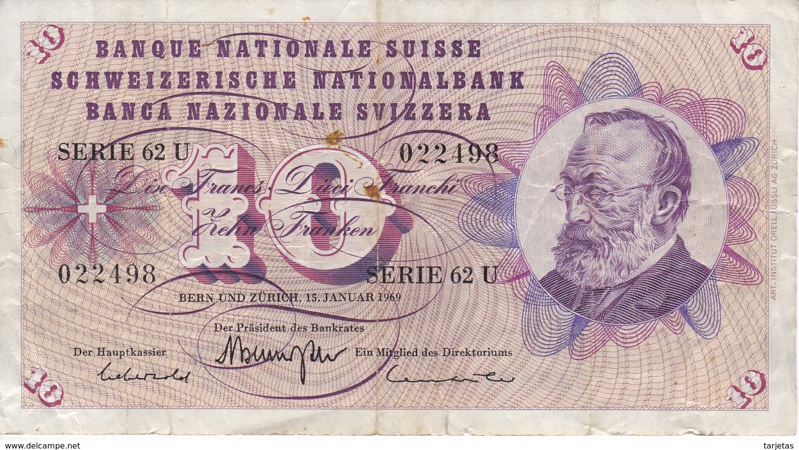 BILLETE DE SUIZA DE 10 FRANCS DEL AÑO 1969 (BANKNOTE) - Suiza