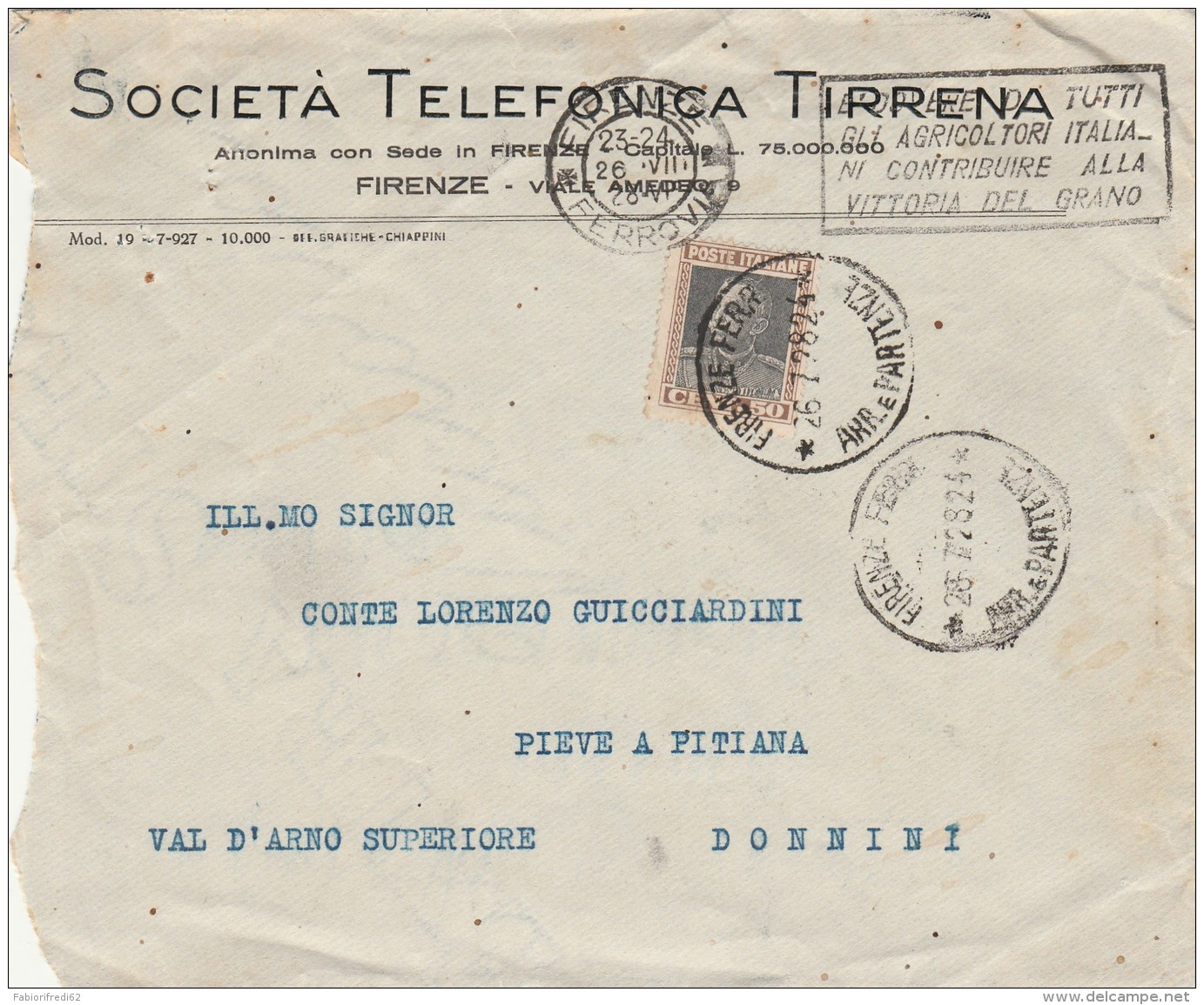 LETTERA 1928 CENT.50 TIMBRO VITTORIA DEL GRANO DONNINI (MYX223 - Storia Postale