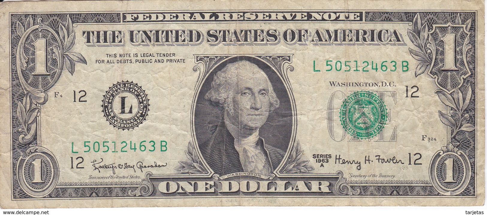 BILLETE DE ESTADOS UNIDOS DE 1 DOLLAR DEL AÑO 1963 LETRA L SAN FRANCISCO  (BANK NOTE) - Biljetten Van De  Federal Reserve (1928-...)