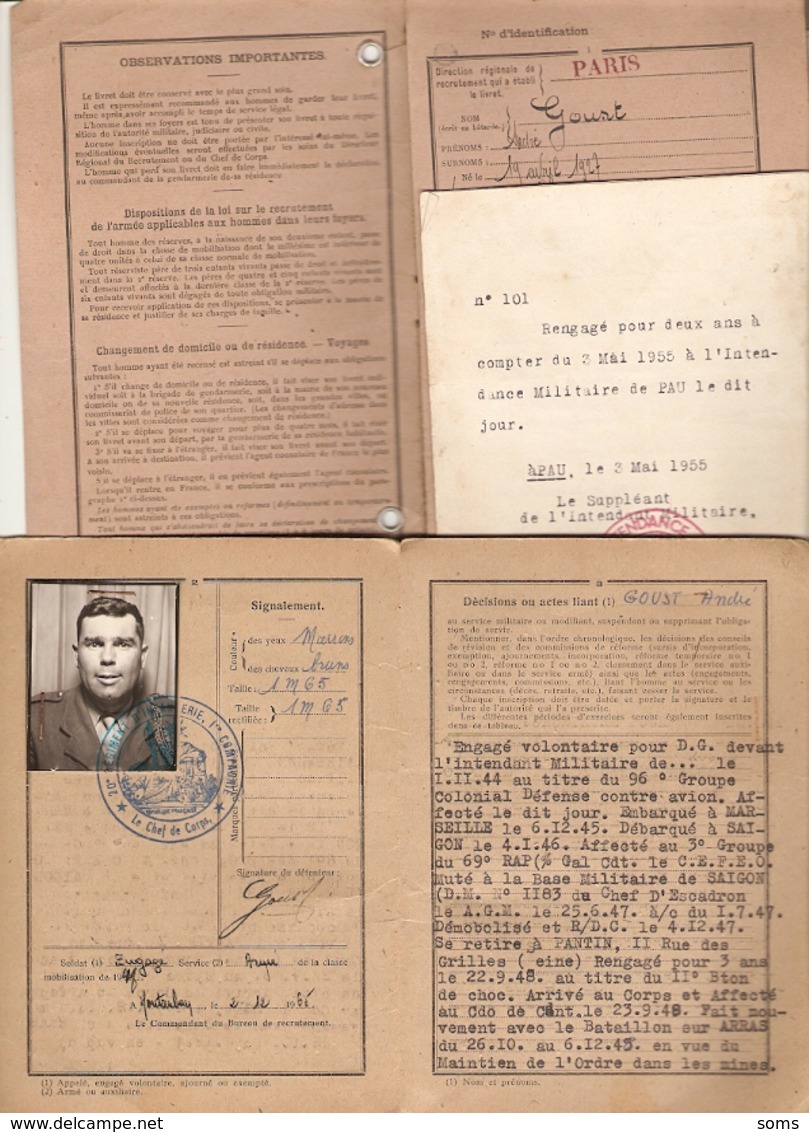 Lot De 2 Livrets Militaires, Engagé En 1944 Dans La DCA, 69e RAP De Saïgon, 2e Bataillon De Choc, Breveté Para - Documents Historiques