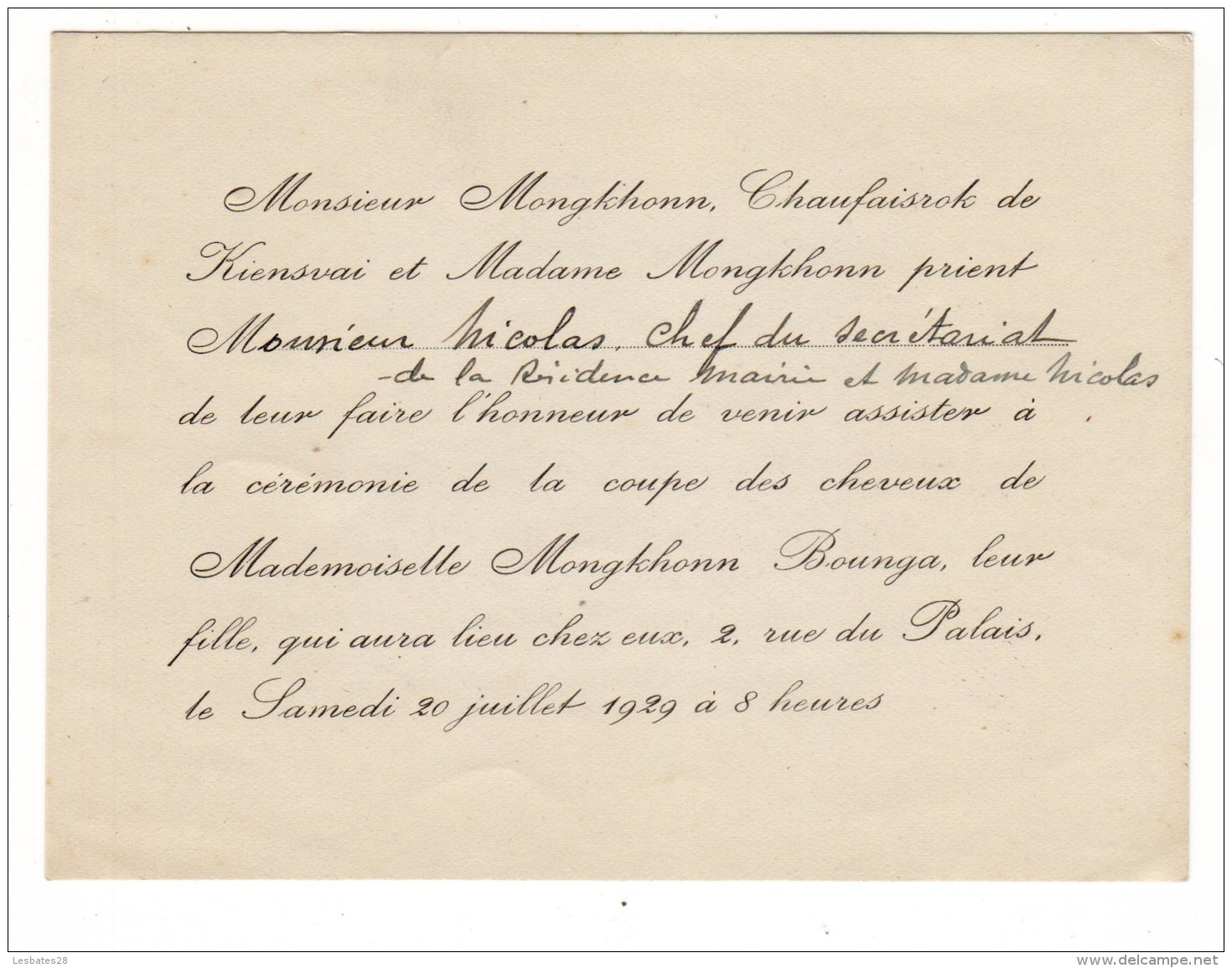 CAMBODGE  PHNOM-PENH  Invitation à Cérémonie De La Coupe Des Cheveux De Mademoiselle.. - AV 2018 Clas - Autres & Non Classés