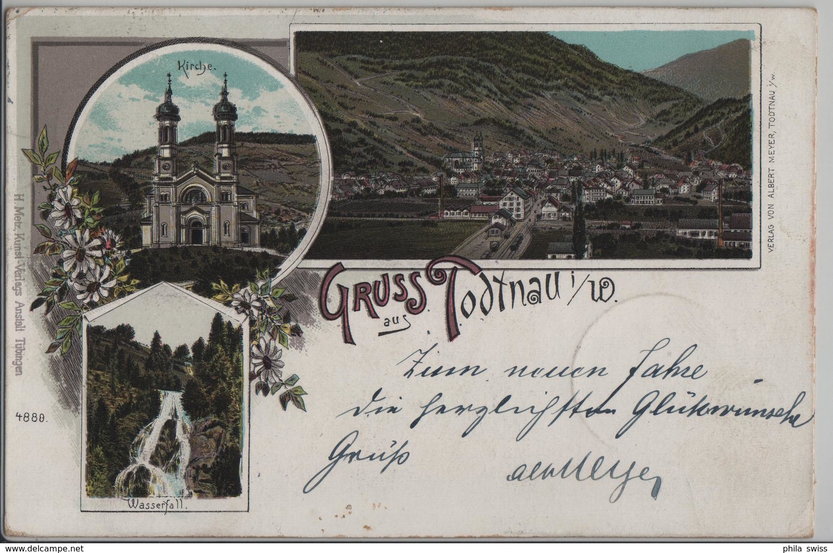 Gruss Aus Todtnau I/W. - Kirche, Wasserfall, Totalansicht - Lithographie Litho - Todtnau