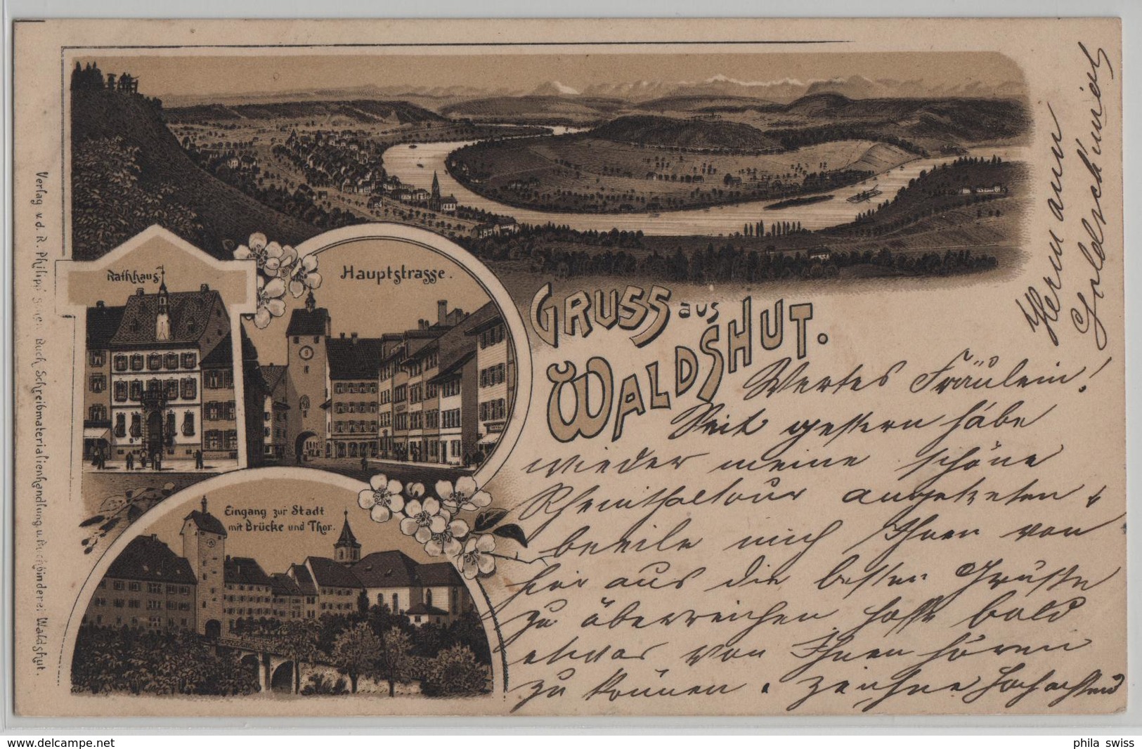 Gruss Aus Waldshut - Rathaus, Hauptstrasse, Brücke, Thor - Lithographie Litho - Waldshut-Tiengen