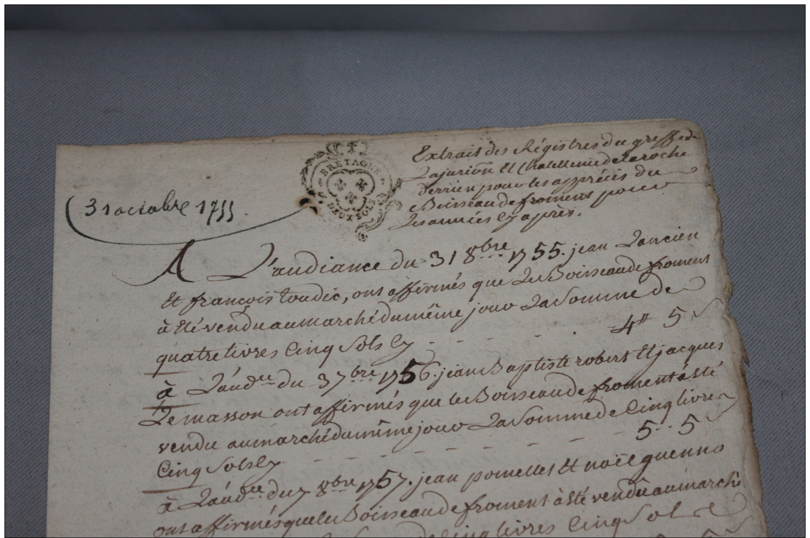 Extrait Des Registres De Greffes (Cote D'armor) 1755 - Documents Historiques