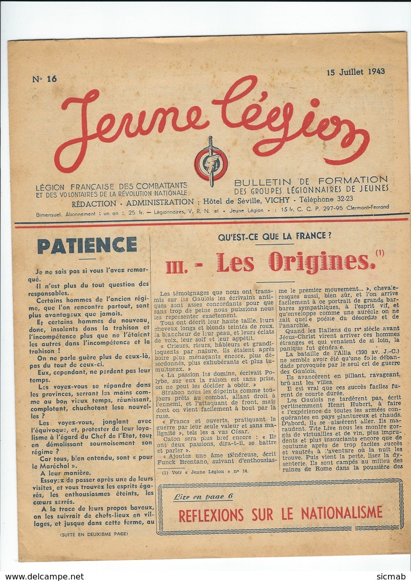 Vichy LÉGION FRANÇAISE Ds COMBATTANTS Et Ds VOLONTAIRES De La RÉVOLUTION NATIO. JEUNE LÉGION N°16 JUILLET 43 - 1939-45