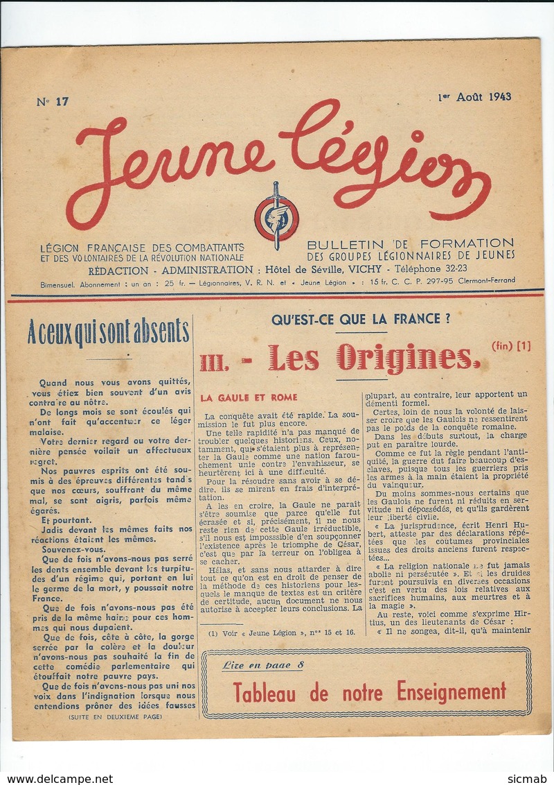 LÉGION FRANÇAISE Ds COMBATTANTS Et Ds VOLONTAIRES De La RÉVOLUTION NATIO. JEUNE LÉGION N°17 AOÛT 43 - Guerre 1939-45