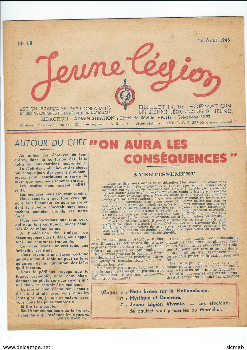 LÉGION FRANÇAISE Ds COMBATTANTS Et Ds VOLONTAIRES De La RÉVOLUTION NATIO. JEUNE LÉGION N°18 AOÛT 43 - Politique