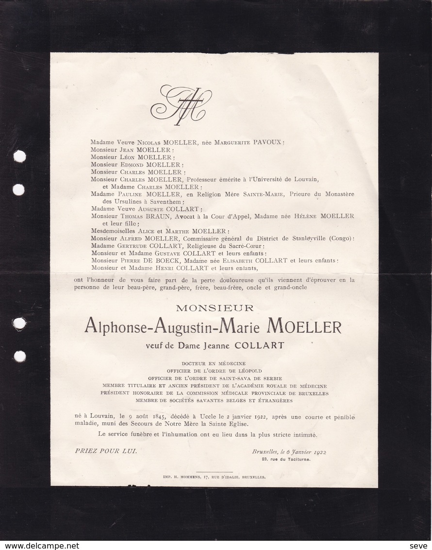 UCCLE Alphonse MOELLER Veuf COLLART Louvain 1845 Uccle 1922 Docteur Académie Royale De Belgique PAVOUX - Obituary Notices