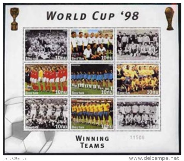 22788 Bhutan 1998 Football World Cup Unmounted Mint Sheetlet Of 9 Winning Teams  (8 Stamps Plus Label) - 1998 – France