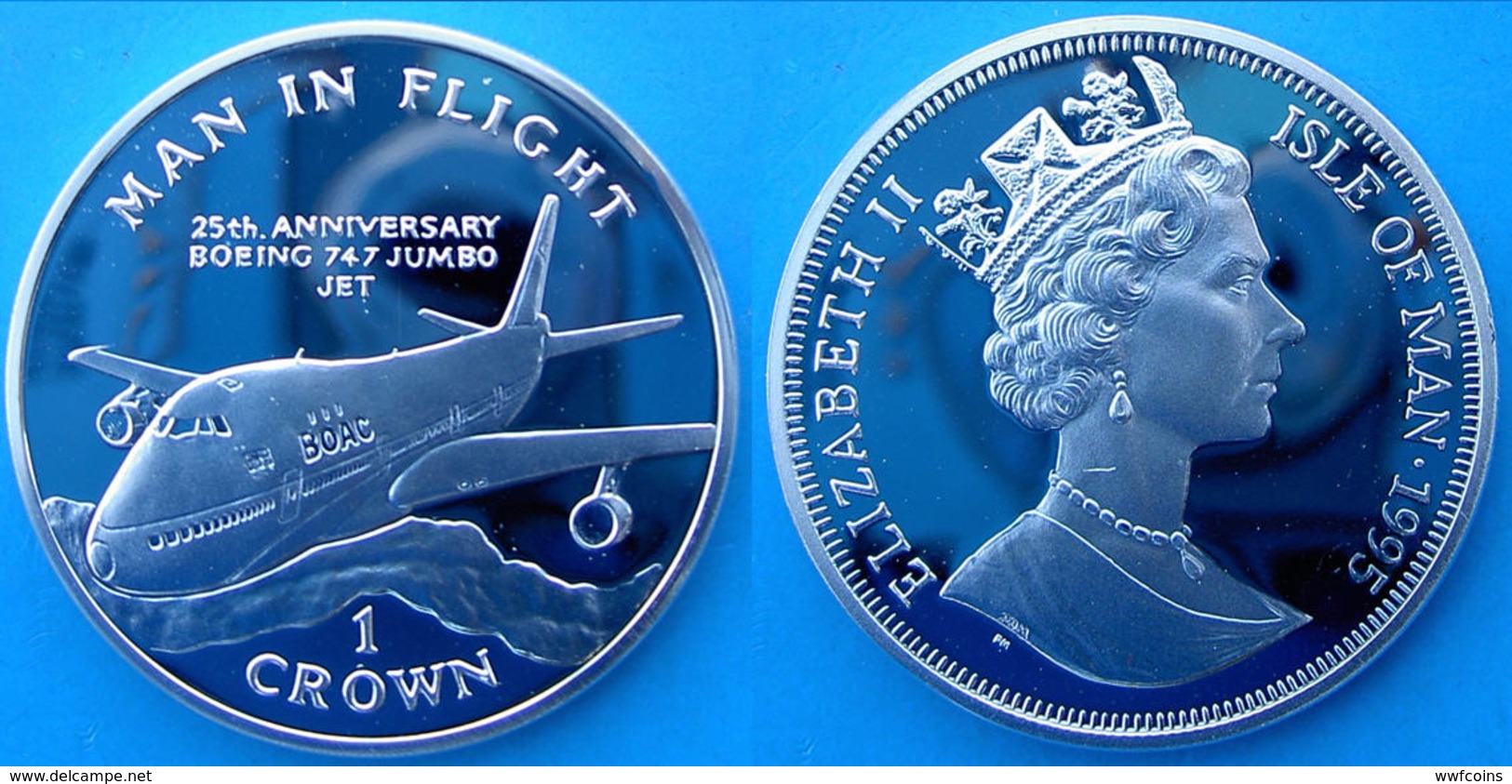 ISLE OF MAN 1 C 1995 ARGENTO PROOF SILVER MAN IN FLIGHT BOEING 747 JUMBO JET PESO 28,28g TITOLO 0,925 CONSERVAZIONE FOND - Isle Of Man