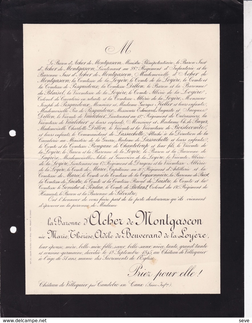 Château De VILLEQUIER Par CAUDEBEC En CAUX Baronne ACHER De MONTGASCON Née De BEUVERAND 51 Ans 1895 - Obituary Notices