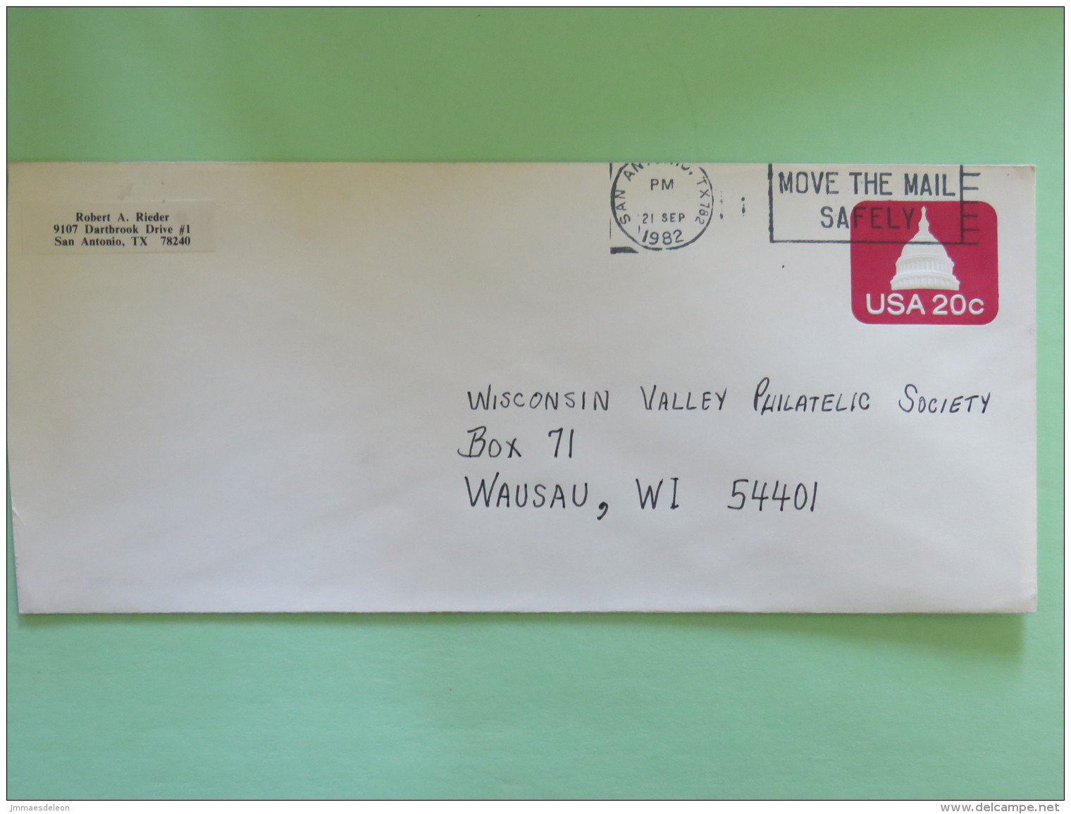 USA 1982 Stationery Cover Capitol 20 C From San Antonio To Wausan - Move The Mail Safely Slogan - 1981-00