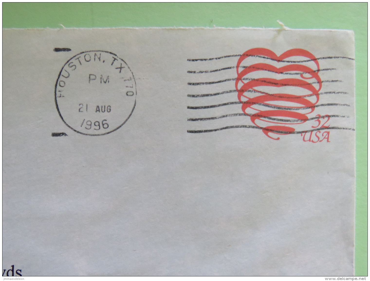 USA 1996 Stationery Cover Heart 32 C From Houston To England - 1981-00
