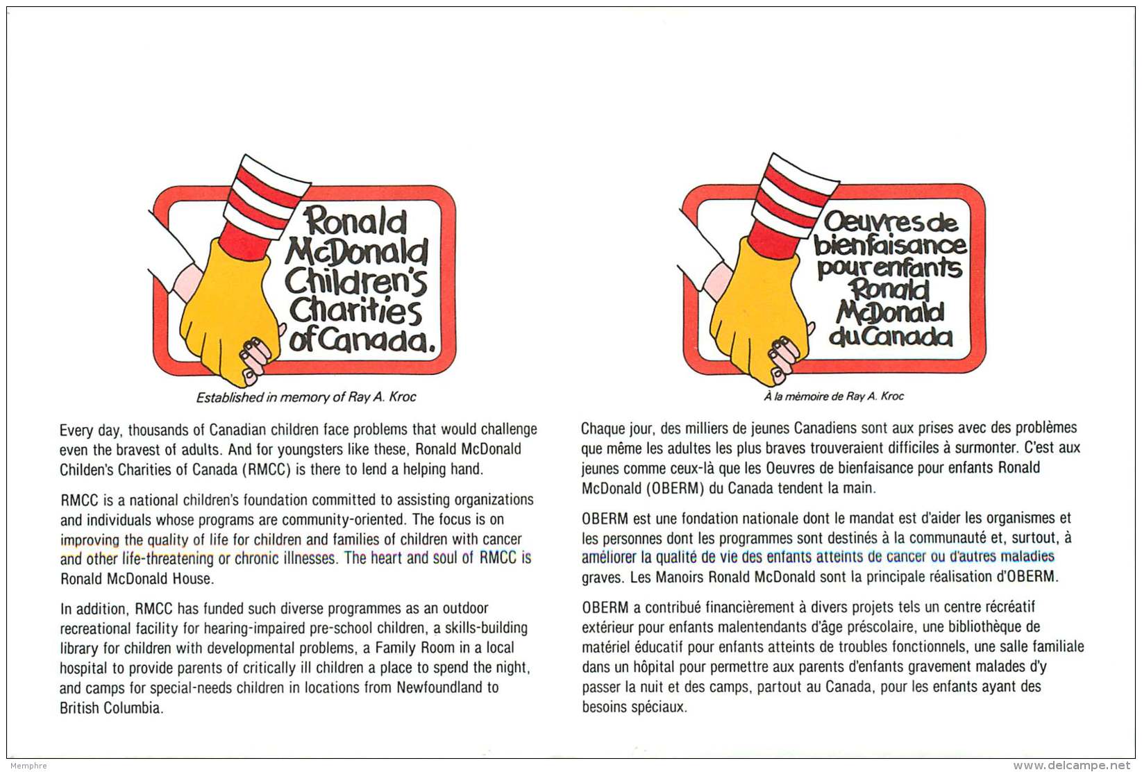 1991 - Stamp Month - Ronald McDonald Charities In Canada  S11 - HerdenkingsOmslagen