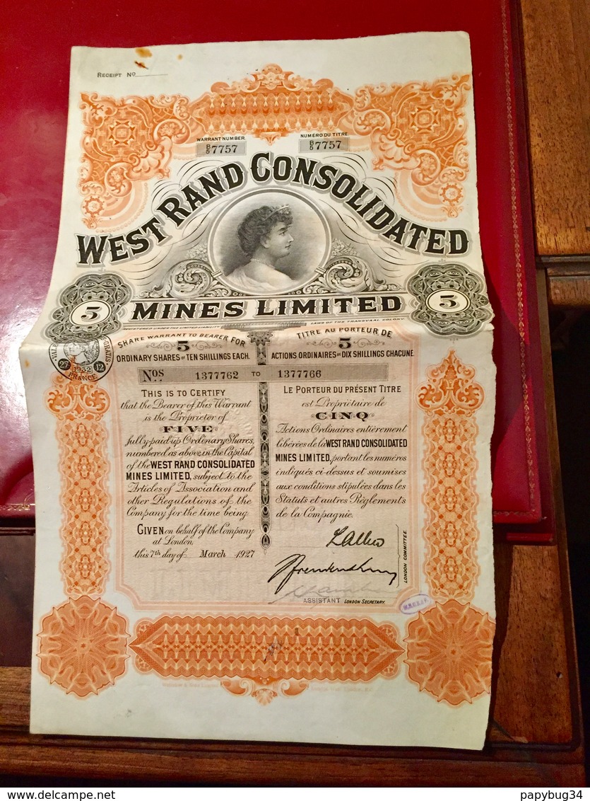 WEST  RAND  CONSOLIDATED   MINES  LIMITED  ----- Titre  De  5  Actions De  10  Shillings - Mines