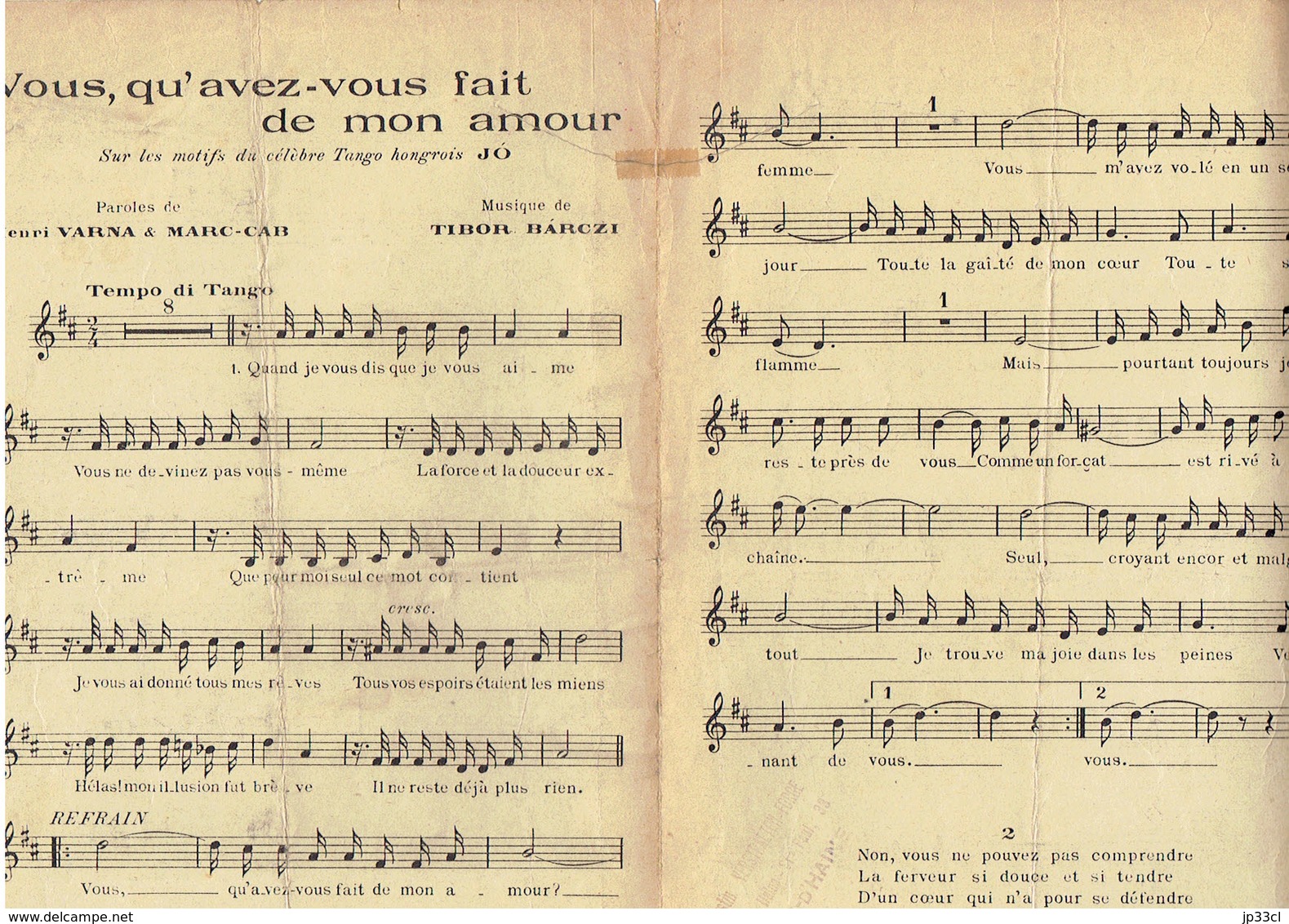 Vous, Qu'avez-vous Fait De Mon Amour (Ray Ventura, H. Varna, Marc-Cab, Tibor Barczi), Ed. Chappell, Paris 1933 - Andere & Zonder Classificatie