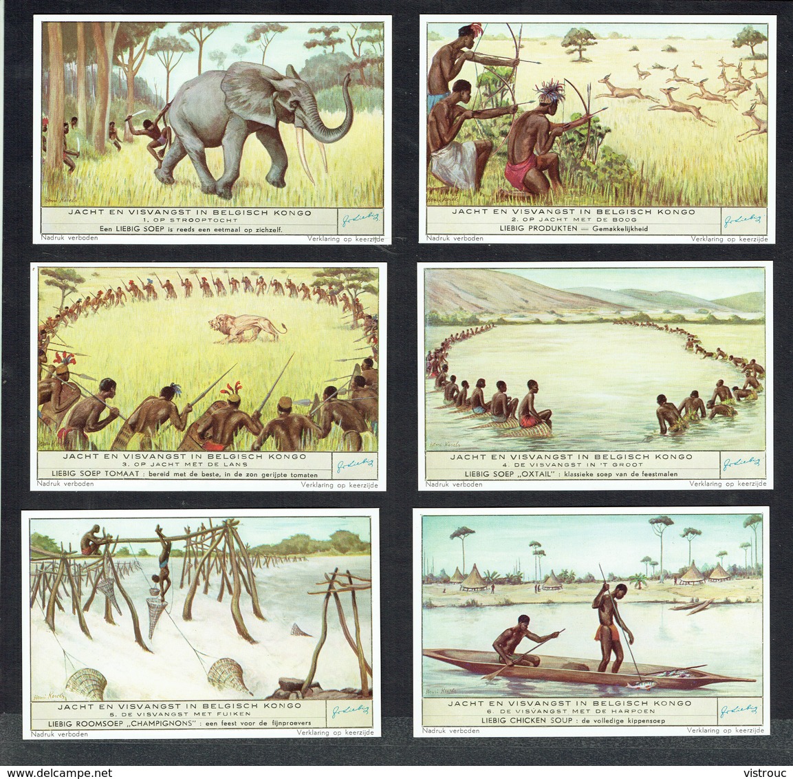 LIEBIG  - NL -  6 Chromos N° 1 à 6 -  Reeks/série S.1534 - Jacht En Visvangst In Belgisch Kongo - Chasse Et Pêche Congo. - Liebig