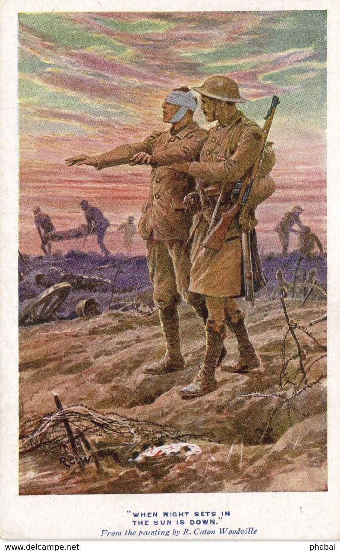 Military, World War I., Blind Wounded Soldier, When Night Sets In The Sun Is Down, Old Postcard - War 1914-18