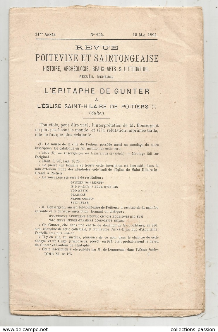 Régionalisme , Poitou Charente , Revue Poitevine Et Saintongeaise , N° 125 , 1894, 3 Scans , Frais Fr 2.85 E - Poitou-Charentes