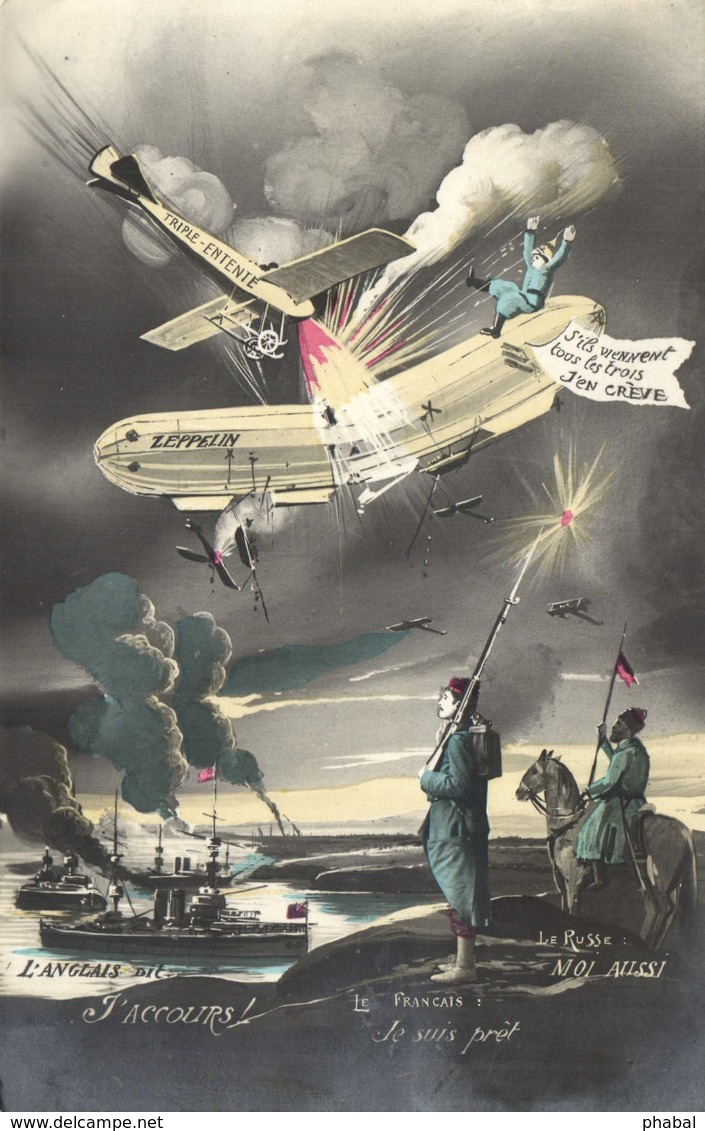 Aviation, Military, World War I., Zeppelin Fighting With An Aircraft, Old Postcard - Dirigibili