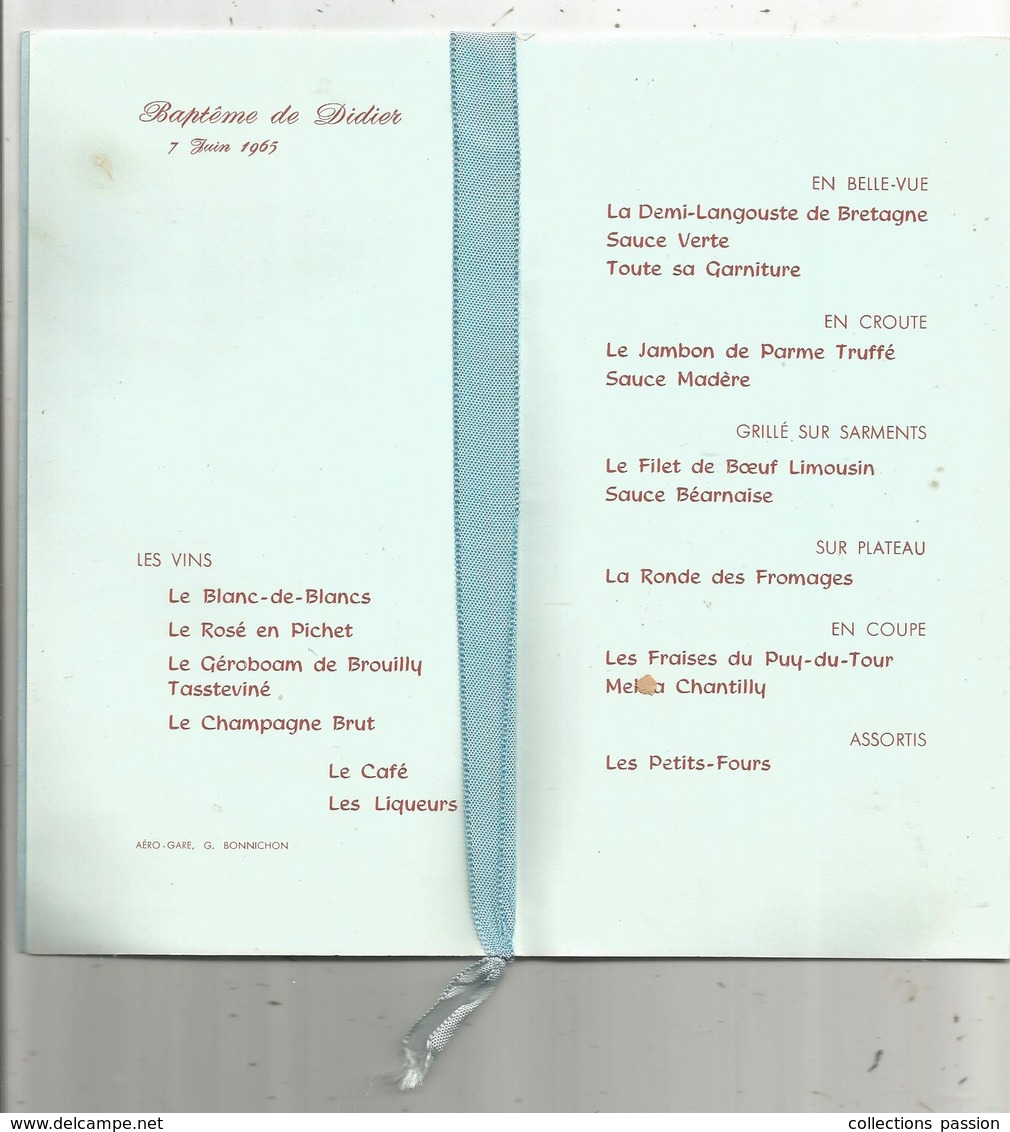 Menu, Baptême De Didier , 1965 , Aéro-Gare , Limoges , G. Bonnichon , Ruban , 2 Scans , Frais Fr 1.45 E - Menu