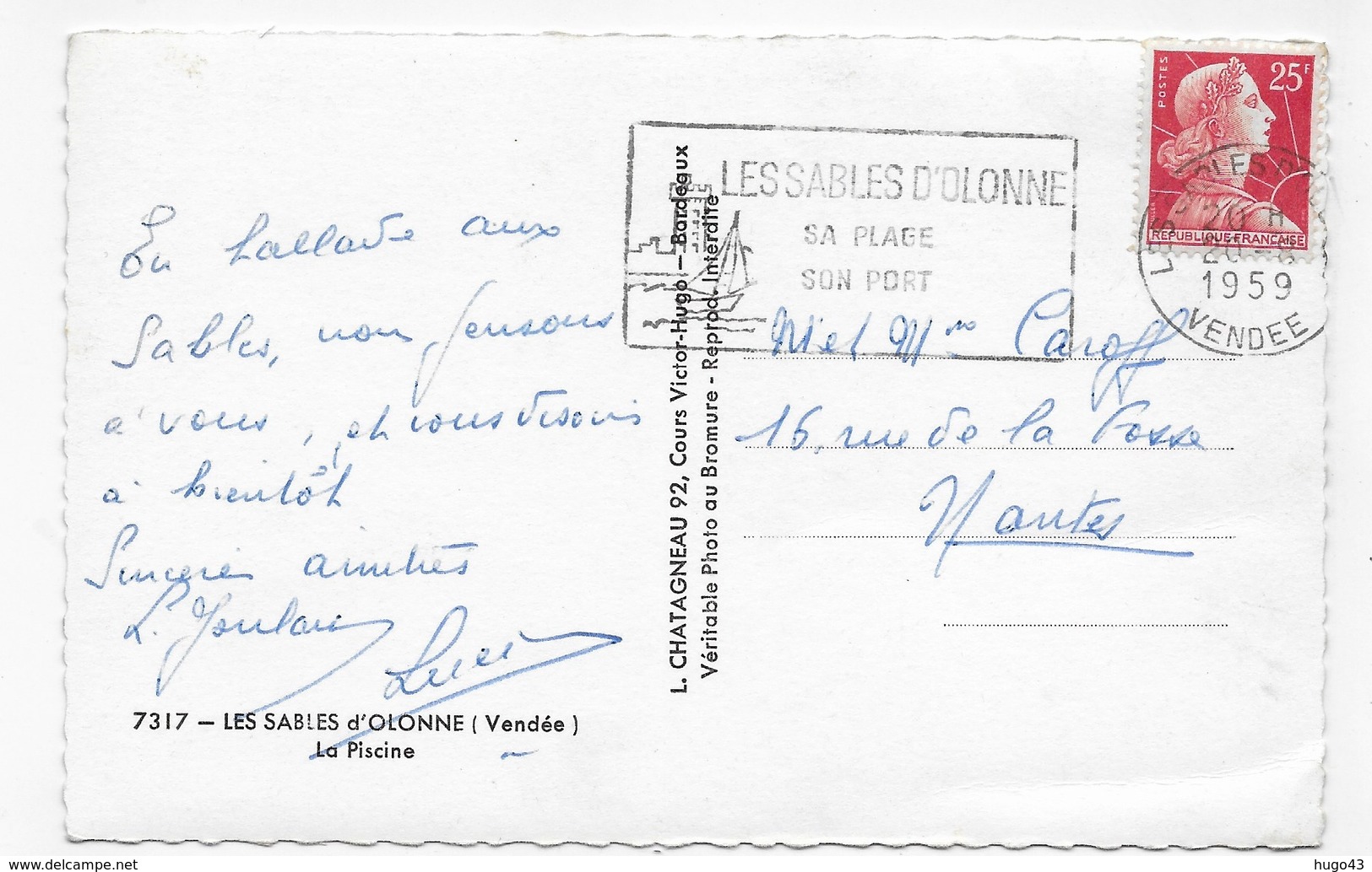 (RECTO / VERSO) LES SABLES D' OLONNE EN 1959 - N° 7317 - LA PSICINE - BELLE FLAMME - FORMAT CPA VOYAGEE - Sables D'Olonne
