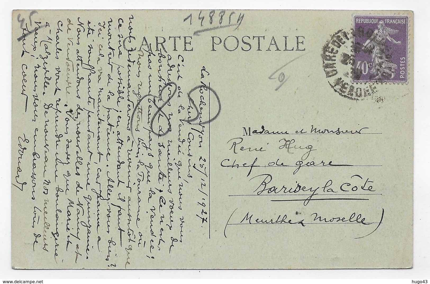 (RECTO / VERSO) LA ROCHE SUR YON EN 1927 - N° 474 - LA PREFECTURE - BEAU CACHET - CPA VOYAGEE - La Roche Sur Yon