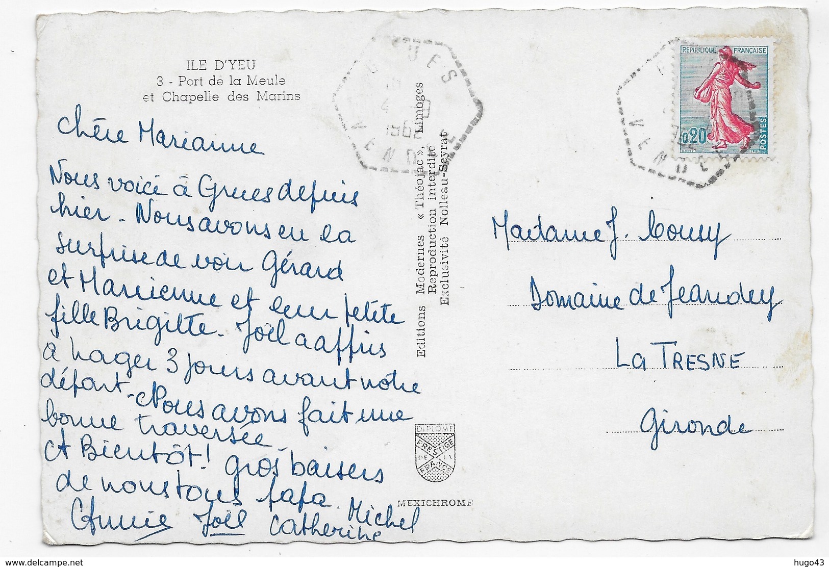 (RECTO / VERSO) ILE D' YEU EN 1961 - N° 3 - PORT DE LA MEULE ET CHAPELLE DES MARINS - TROU DE PUNAISE - CPSM GF VOYAGEE - Ile D'Yeu