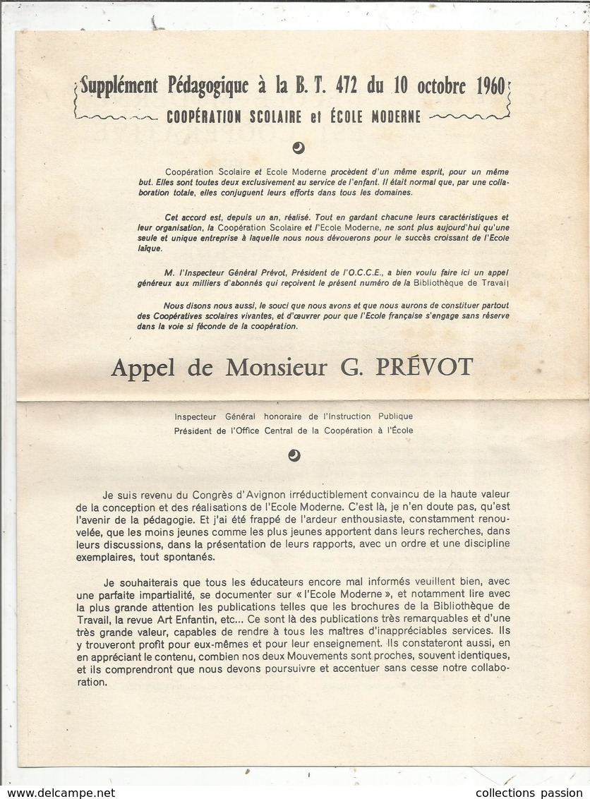 Bibliothéque De Travail , N° 472 , 1960 ,LA GRANDE PÊCHE , 32 Pages + Supplément Pédagogique , 4 Scans , Frais Fr 2.85 E - Caza/Pezca
