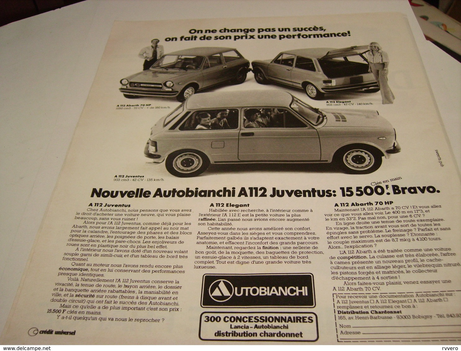 ANCIENNE AFFICHE  PUBLICITE VOITURE A112 JUVENTUS DE AUTOBIACHI 1975 - Cars