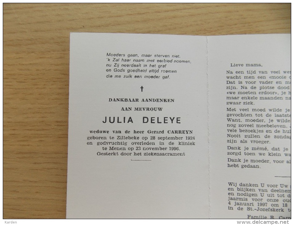 Doodsprentje Julia Deleye Zillebeke 28/9/1924 Menen 23/11/1996 ( Gerard Carreyn ) - Religion & Esotericism