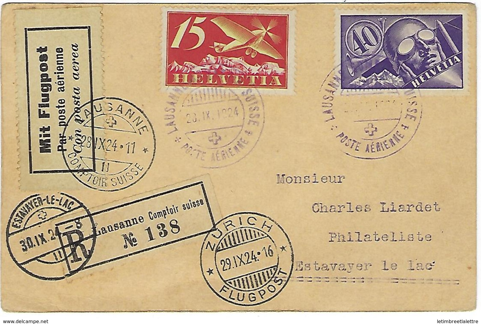 Carte De Suisse, Lausanne - Zurich, Recommandé De Lausanne Comptoir Suisse, Via Flugpost - Marcophilie