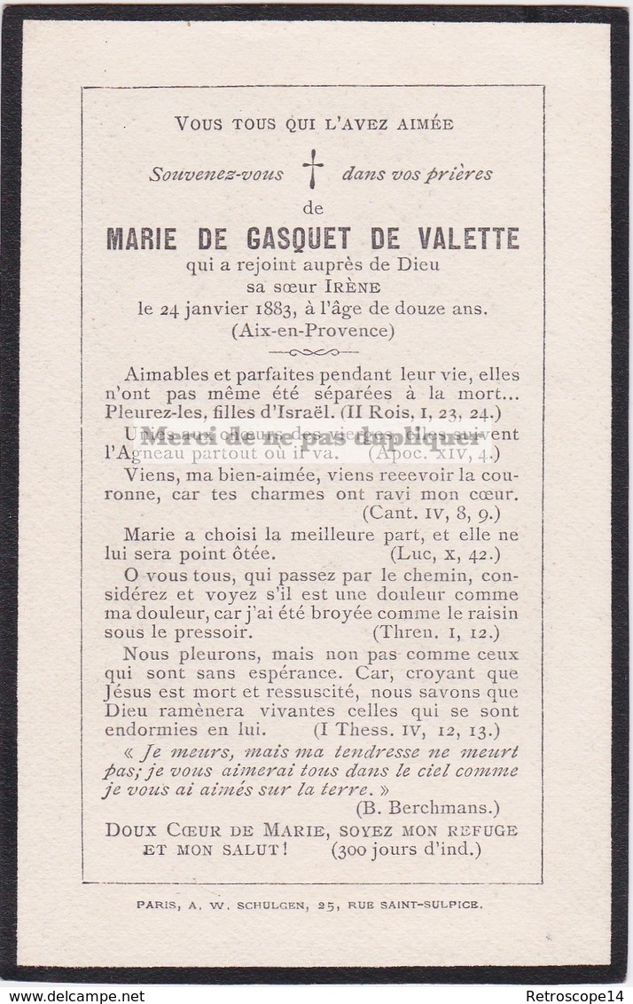 Faire Part MARIE DE GASQUET DE VALETTE. AIX EN PROVENCE. 1883. Memento, Souvenir. - Décès