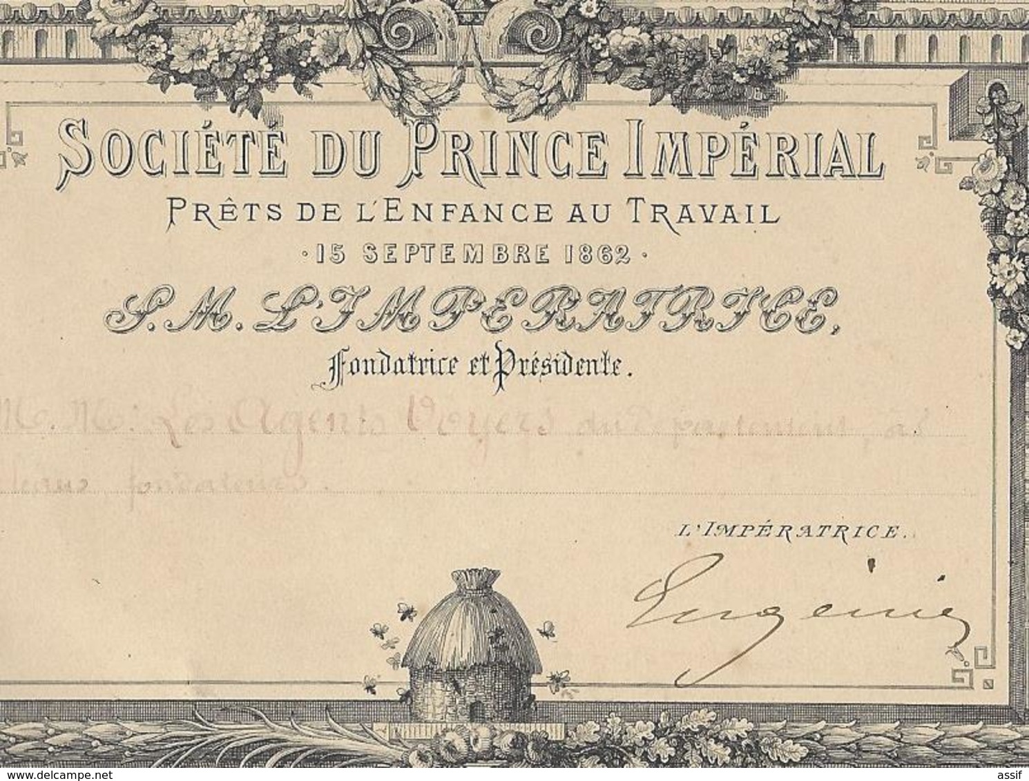 IMPERATRICE EUGENIE (1826-1920) AUTOGRAPHE ORIGINAL AUTOGRAPH SOCIETE DU PRINCE IMPERIAL 1862 VOYERS /FREE SHIPPING R - Andere & Zonder Classificatie