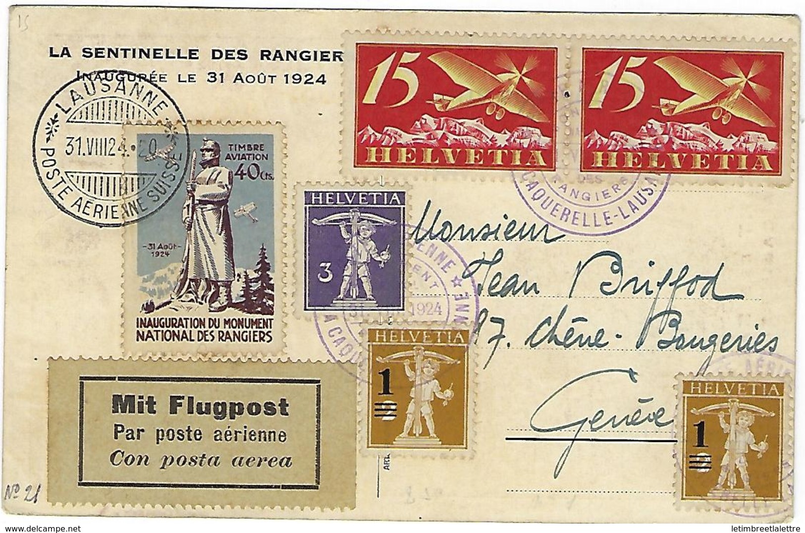 Carte De Suisse, La Caquerelle - Lausanne Le 31 Aout 1924, Via Flugpost, Avec Vignette - Postmark Collection