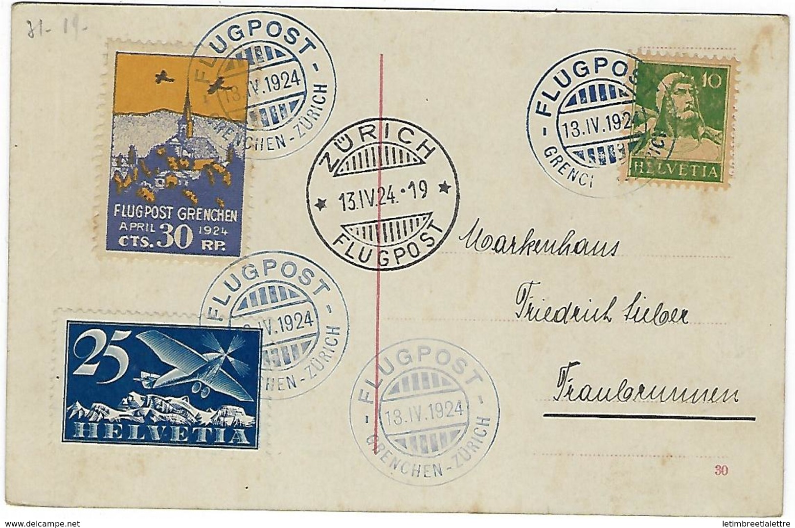 Carte De Suisse, Granges - Zurich, Le 13 / 04 / 1924, Via Flugpost, Avec Vignette - Postmark Collection