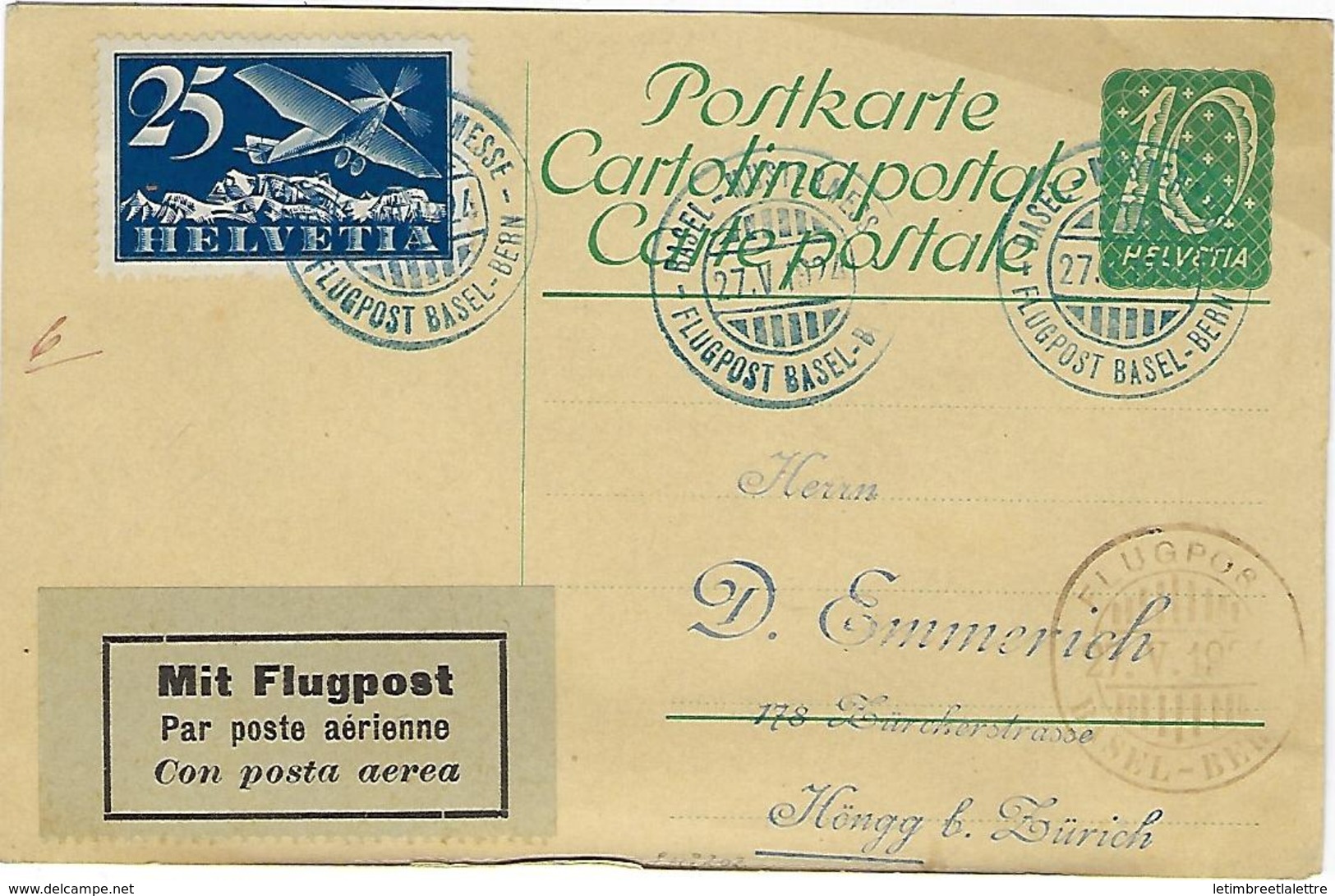 Carte De Suisse, Bâle - Berne, Le 25 / 05 / 1924 Via Flugpost - Postmark Collection