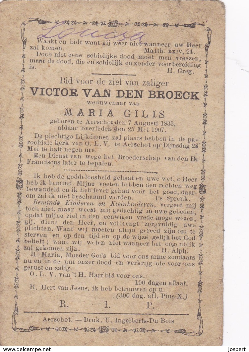 Aarschot,Aerschot,1907, Victor Van Den Broeck, Gillis - Devotieprenten